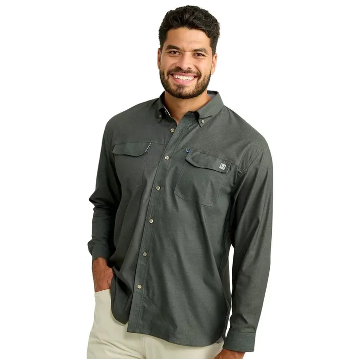 HUK Men‘s Hawser Heather Flannel Shirt – Volcanic Ash Heather – M