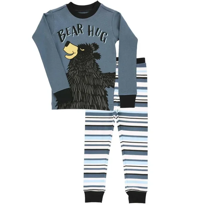 Lazy One Kid‘s Long Sleeve PJ Pajama Set – Bear Hug Blue Stripe – 8