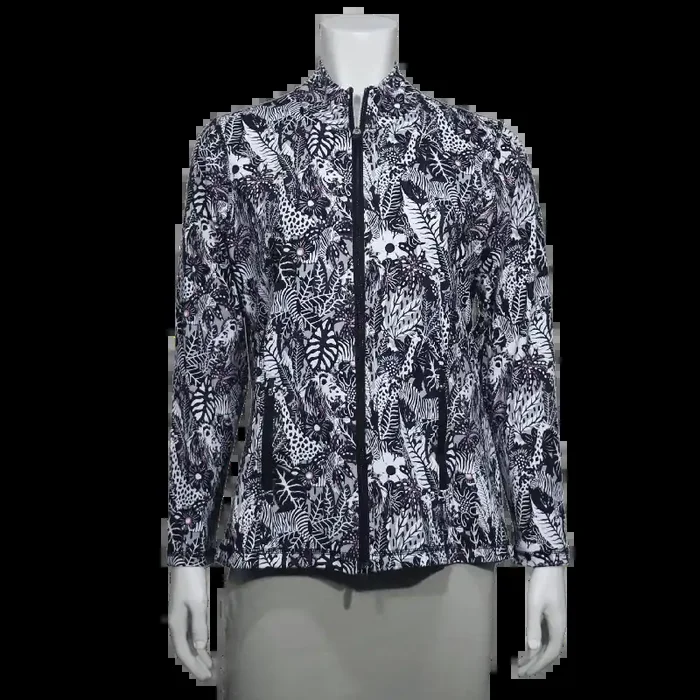 Lulu-B Women‘s Full Zip-Up Jacket – Black White Animal Leaf Print – M