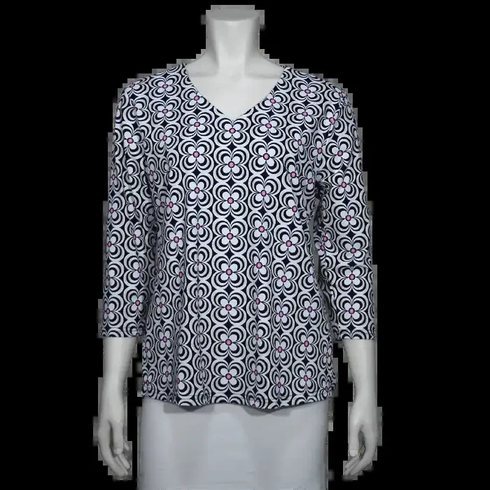 Lulu-B Women‘s V-Neck Top 3/4 Sleeve – Black/White/Pink – M