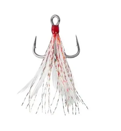 Mustad In-Line Triple Grip Feathered Treble Hooks – Red Tinsel – 2 Pack – Size 6