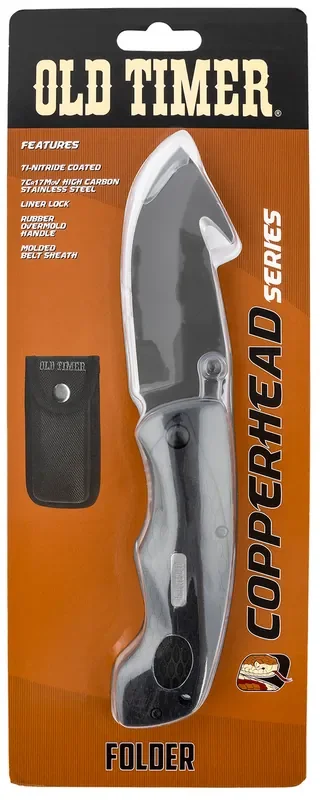Old Timer 2148otcp Copperhead 3.42 Folding Gut Hook Plain 7cr17mov High Carbon Ss Blade Black Rubber Snakeskin Handle