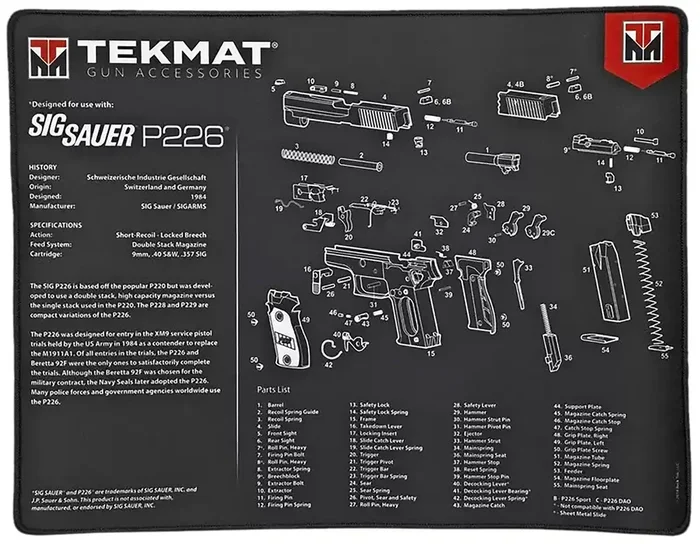 Tekmat Tekr20sigp226 Sig Sauer P226 Ultra 20 Cleaning Mat Blackwhite Rubber 15×20 Sig Sauer P226 Parts Diagram