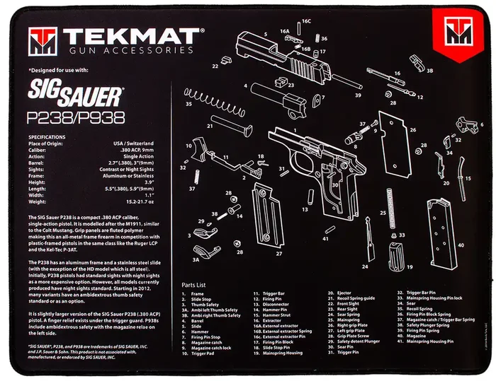 Tekmat Tekr20sigp238 Sig Sauer P238 Ultra 20 Cleaning Mat Blackwhite Rubber 15×20 Sig Sauer P238 Parts Diagram