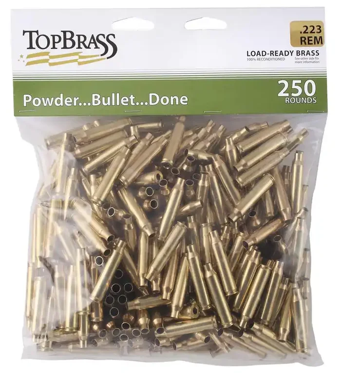 Top Brass Unprimed Remanufactured Rifle Brass .223 Rem Bagged Header Card Grade A+ 250/ct – 8B223REMMY-250