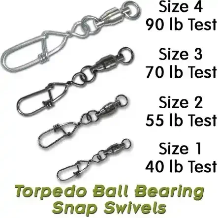 Torpedo Ball Bearing Snap Swivels – Size 1 – 40 LB – 5 Pack
