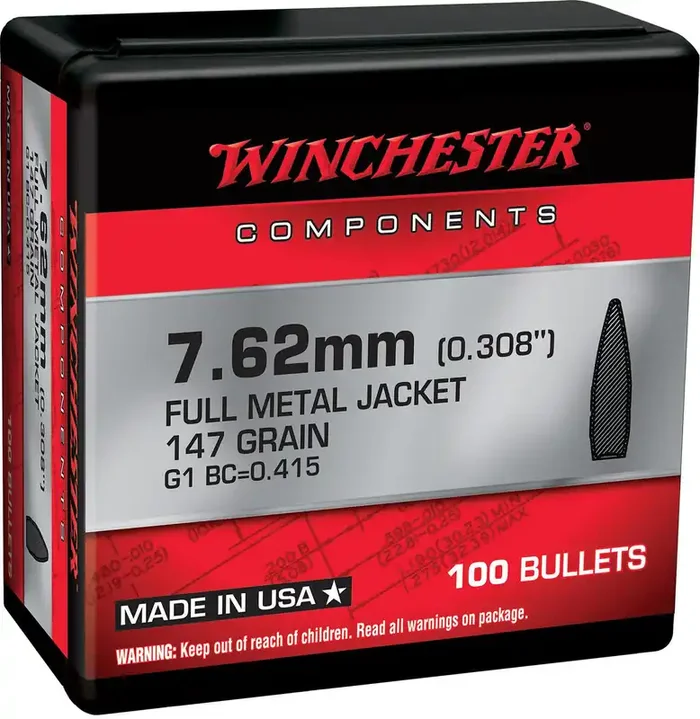 Winchester FMJBT Bullets 7.62mm .308″ 147gr 100/ct – WB762M147X